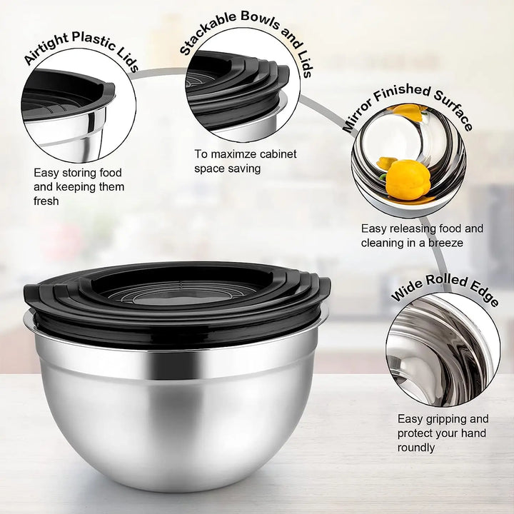 Mixing Bowl Set of 5, Stainless Steel Nesting Bowls for Kitchen Baking,Serving, Airtight Lids, Heavy Duty & Dishwasher Safe