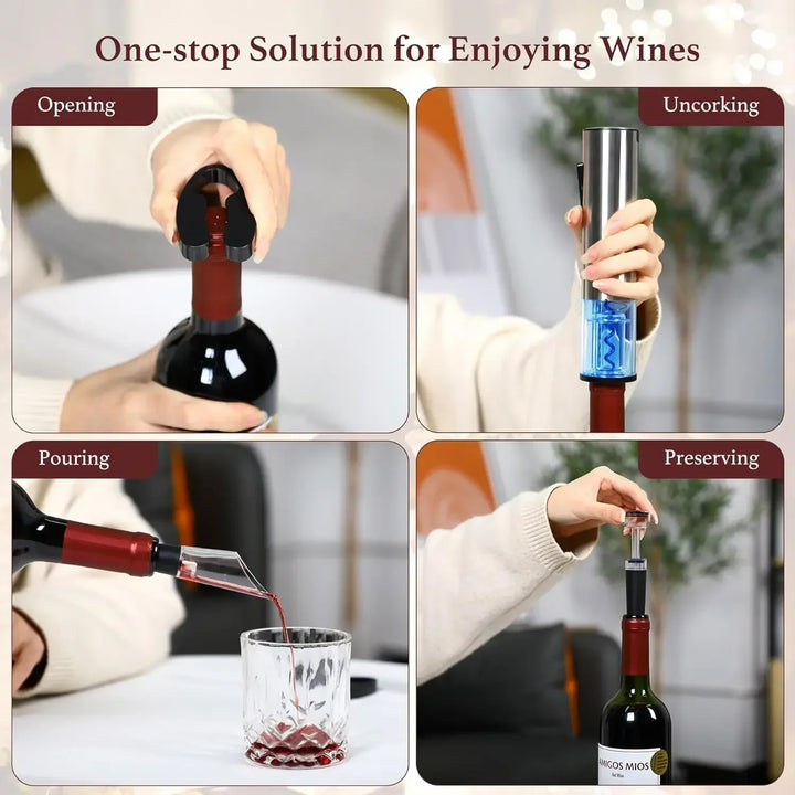 Electric Wine Opener Rechargeable Set, Automatic Electric Wine Opener with Stand with Foil Cutter, Pourer, Vacuum Stopper