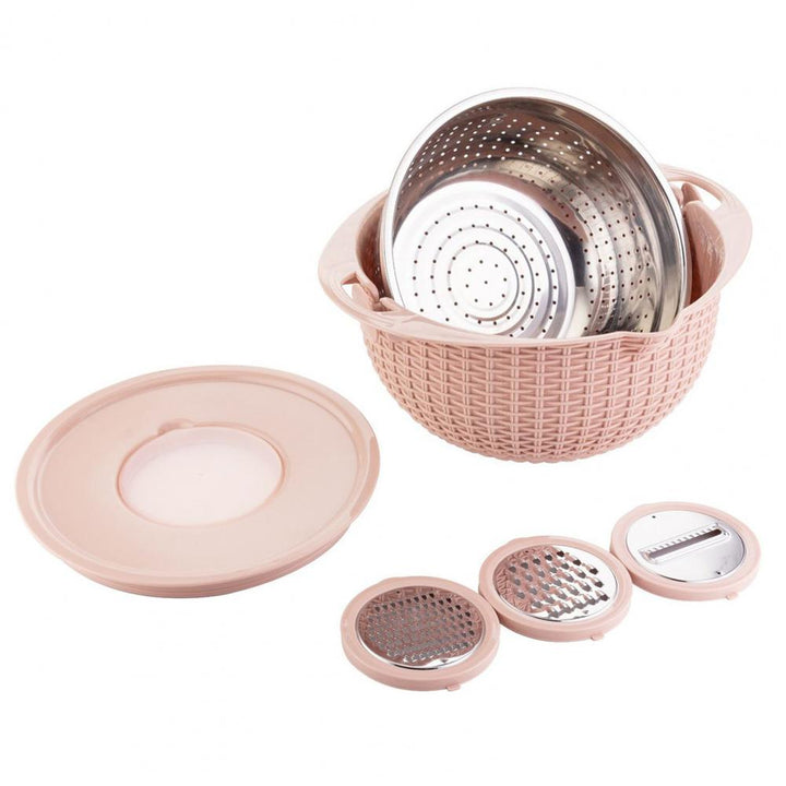 Food Colander With Mixing Bowl Stainless Steel Strainer Fruit Cleaner With 3 Cutting Blades Food Slicer Grater Kitchen Gadgets