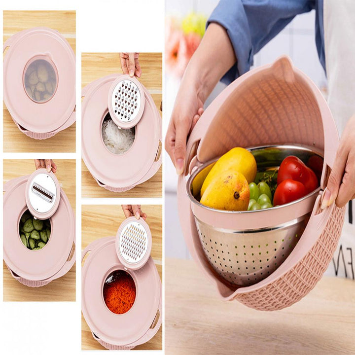 Food Colander With Mixing Bowl Stainless Steel Strainer Fruit Cleaner With 3 Cutting Blades Food Slicer Grater Kitchen Gadgets