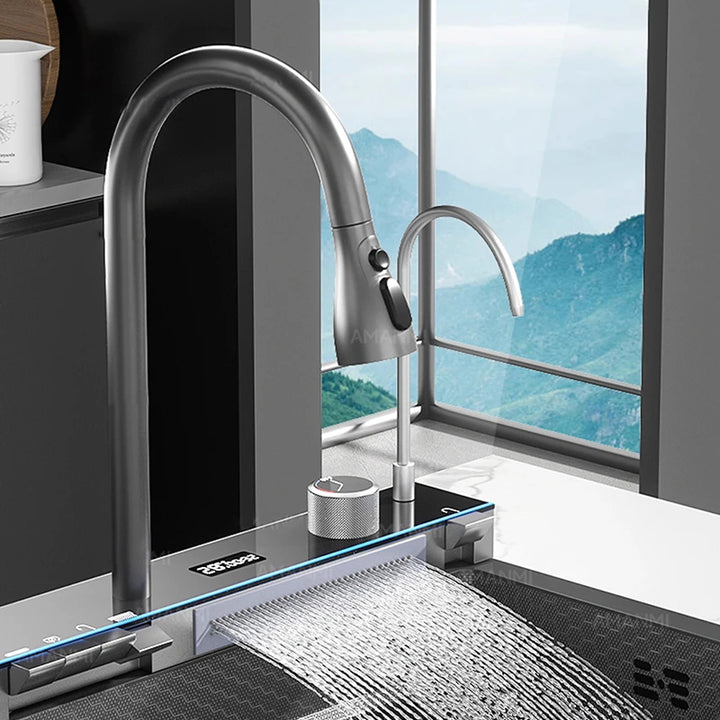 304 Stainless Steel Waterfall Kitchen Sink Large Single Slot Integrated Digital Display Faucet Set Soap Dispenser Cup Washer