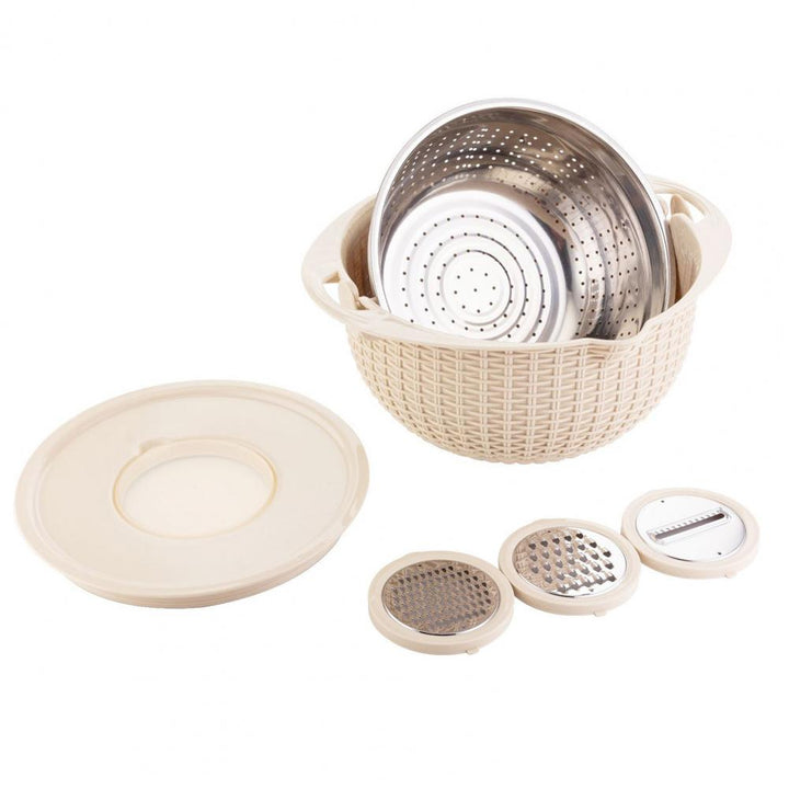 Food Colander With Mixing Bowl Stainless Steel Strainer Fruit Cleaner With 3 Cutting Blades Food Slicer Grater Kitchen Gadgets