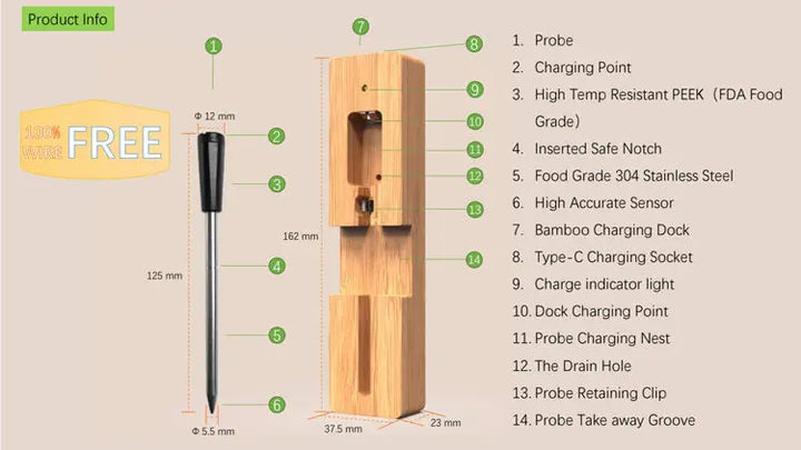 Long Range Smart BBQ BlueTooth Cooking Thermometer Digital Wireless Meat Thermometer With Bluetooth