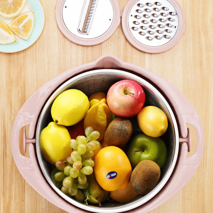 Food Colander With Mixing Bowl Stainless Steel Strainer Fruit Cleaner With 3 Cutting Blades Food Slicer Grater Kitchen Gadgets