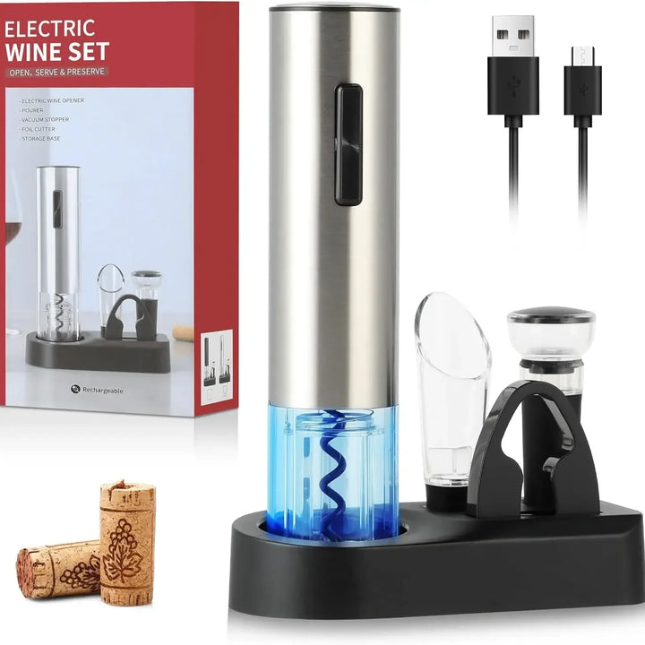 Electric Wine Opener Rechargeable Set, Automatic Electric Wine Opener with Stand with Foil Cutter, Pourer, Vacuum Stopper