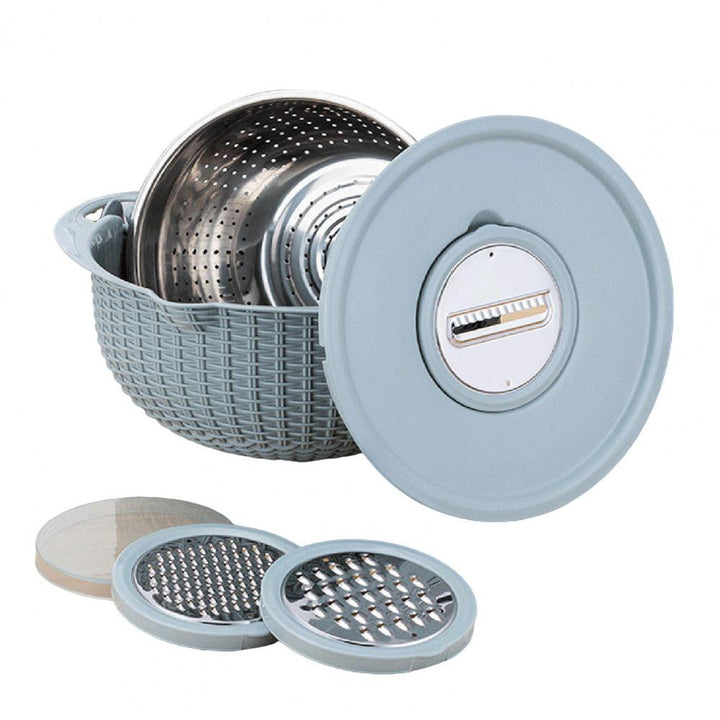 Food Colander With Mixing Bowl Stainless Steel Strainer Fruit Cleaner With 3 Cutting Blades Food Slicer Grater Kitchen Gadgets