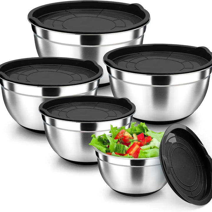 Mixing Bowl Set of 5, Stainless Steel Nesting Bowls for Kitchen Baking,Serving, Airtight Lids, Heavy Duty & Dishwasher Safe