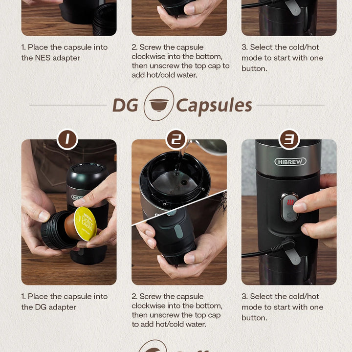 HiBREW Portable Coffee Machine for Car & Home,DC12V  Expresso Coffee Maker Fit Nexpresso Dolce  Pod Capsule  Coffee Powder H4A