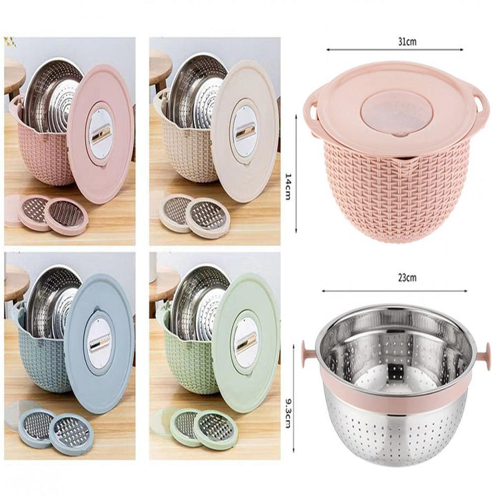 Food Colander With Mixing Bowl Stainless Steel Strainer Fruit Cleaner With 3 Cutting Blades Food Slicer Grater Kitchen Gadgets