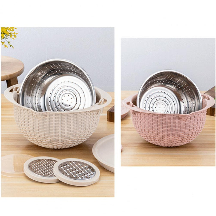 Food Colander With Mixing Bowl Stainless Steel Strainer Fruit Cleaner With 3 Cutting Blades Food Slicer Grater Kitchen Gadgets