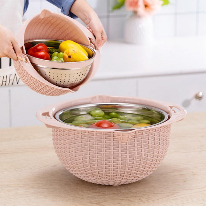 Food Colander With Mixing Bowl Stainless Steel Strainer Fruit Cleaner With 3 Cutting Blades Food Slicer Grater Kitchen Gadgets