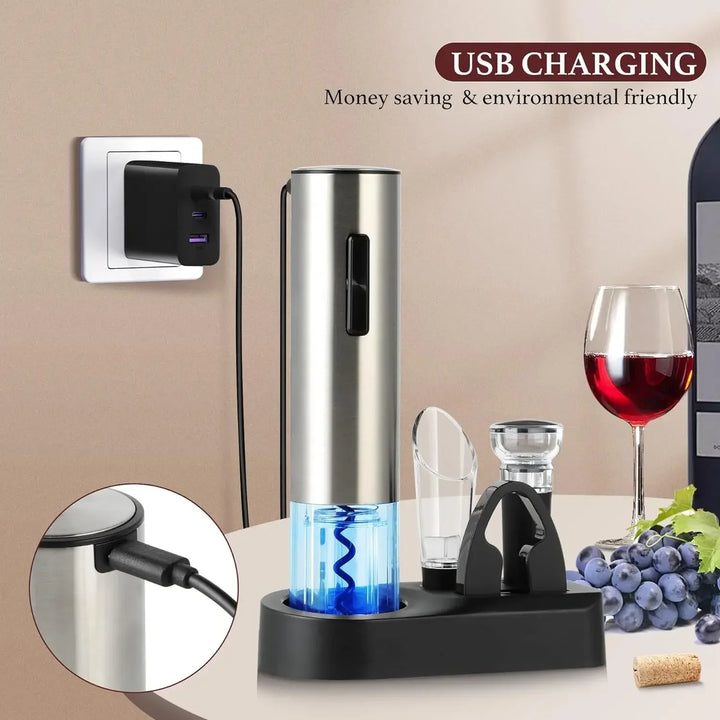 Electric Wine Opener Rechargeable Set, Automatic Electric Wine Opener with Stand with Foil Cutter, Pourer, Vacuum Stopper