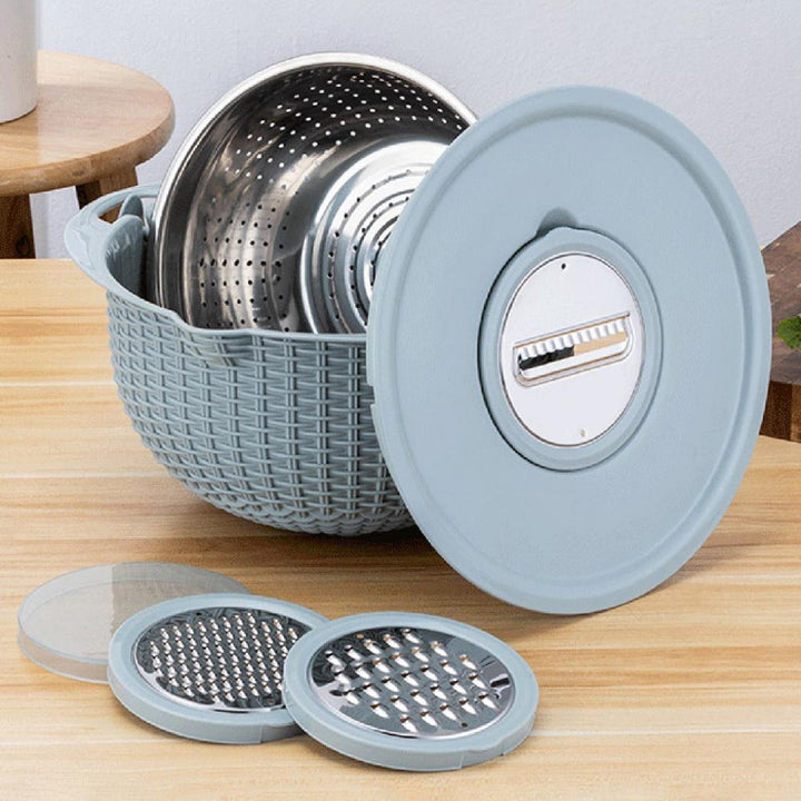 Food Colander With Mixing Bowl Stainless Steel Strainer Fruit Cleaner With 3 Cutting Blades Food Slicer Grater Kitchen Gadgets