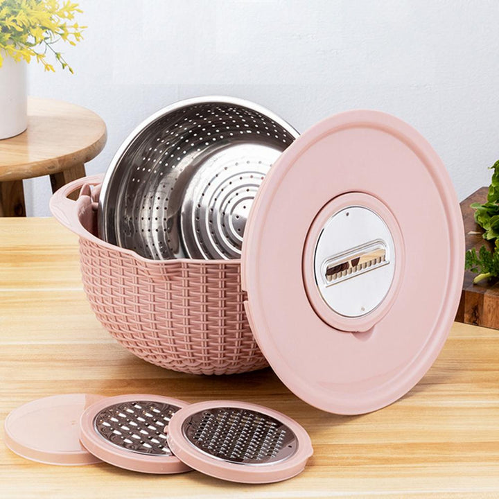 Food Colander With Mixing Bowl Stainless Steel Strainer Fruit Cleaner With 3 Cutting Blades Food Slicer Grater Kitchen Gadgets