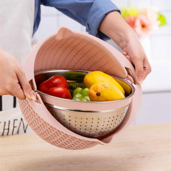 Food Colander With Mixing Bowl Stainless Steel Strainer Fruit Cleaner With 3 Cutting Blades Food Slicer Grater Kitchen Gadgets